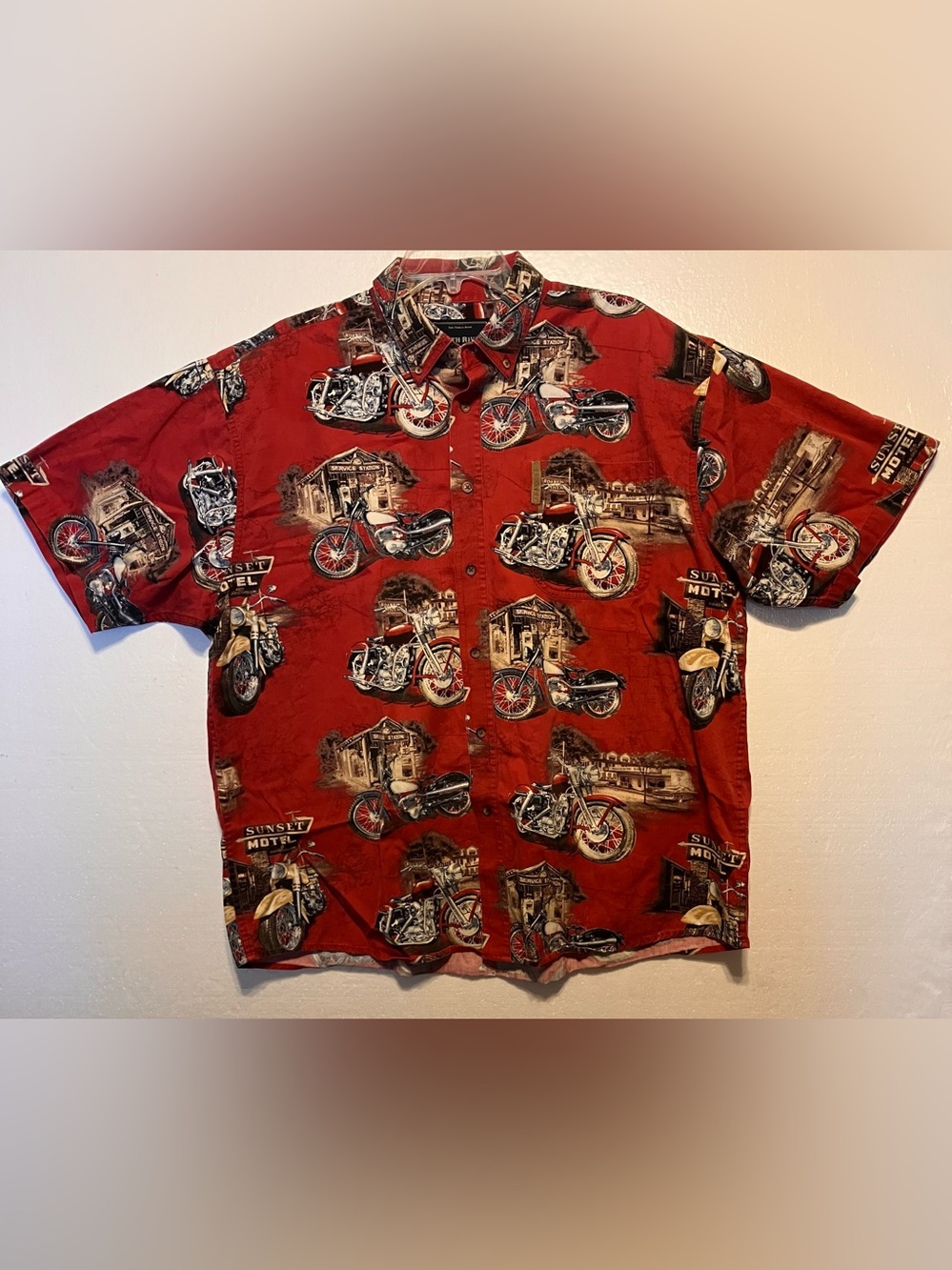 Men's North River XL Red Short-Sleeve Motorcycle Print Button-Up Shirt